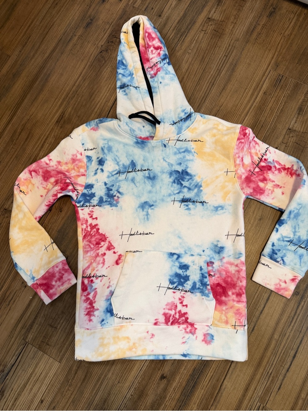 Hollister Black Hoodie with White Fleece and Tie-Dye Accent